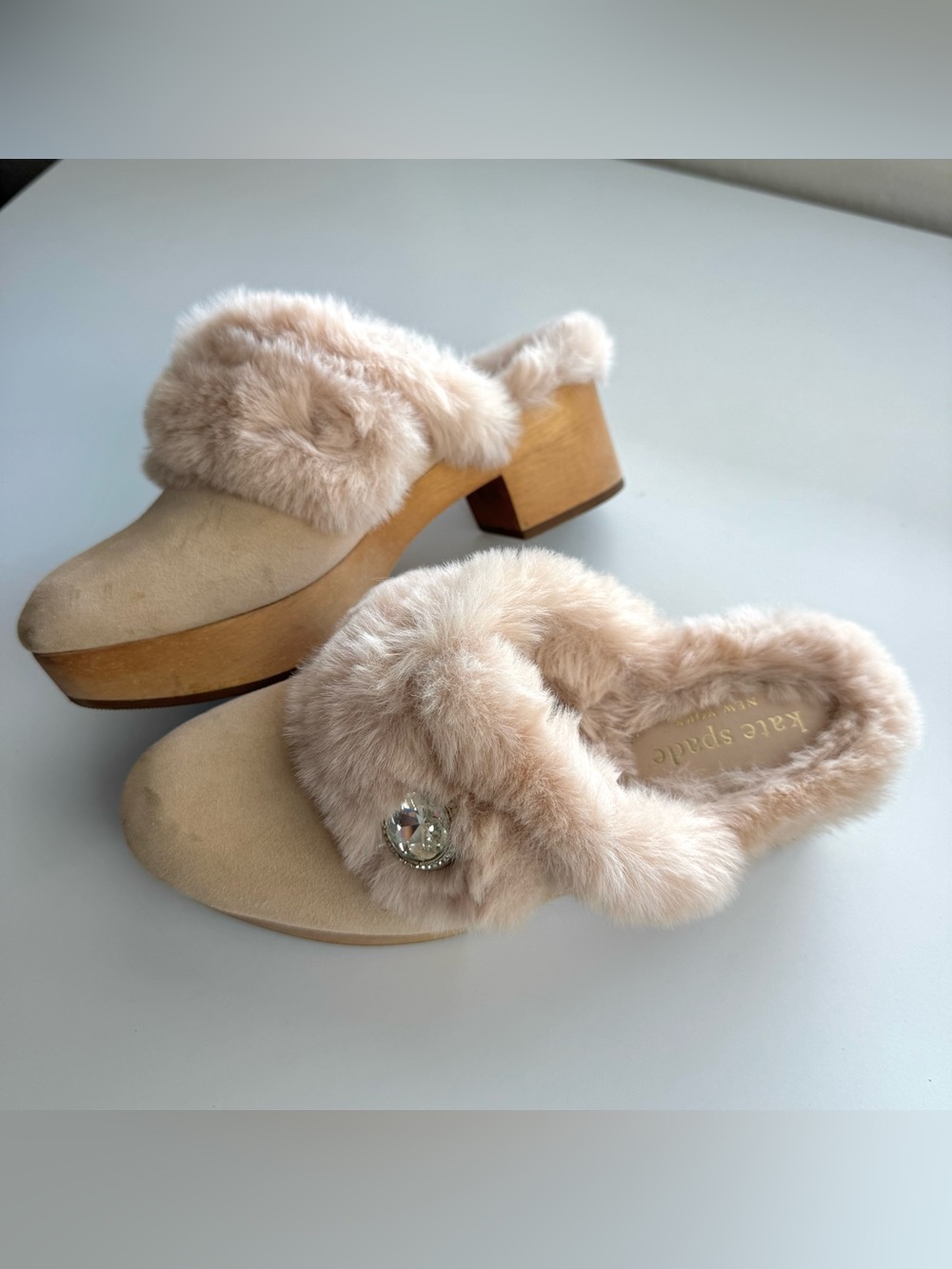 Kate Spade New York Uma Clogs Wooden Platform Heels faux fur Pink Suede Sz 6.5 B - Picture 2 of 8
